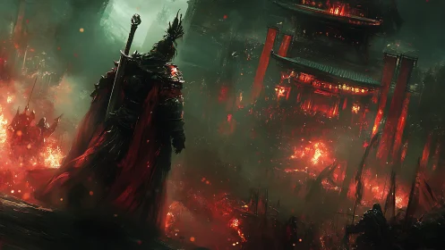 Armored warlord surveys a burning fortress in crimson haze