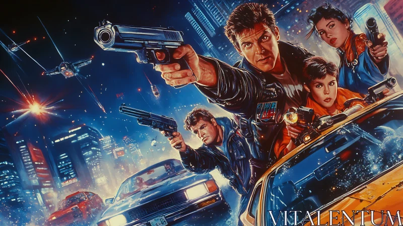 Retro cyberpunk action scene shows armed figures in pursuit
