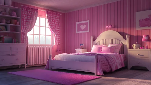 Soft pink girls bedroom glows in gentle afternoon sunlight