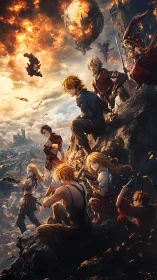 Fantasy warriors assemble on cliff amid burning sky battle