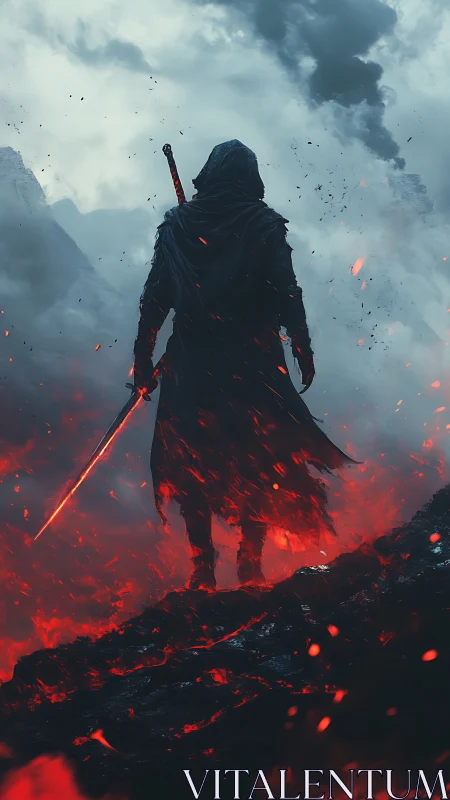 Lone emberblade strides through stormlit volcanic dusk