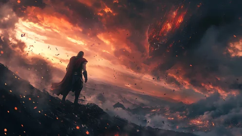 Armored warrior confronts apocalyptic sky under eruptive clouds