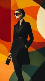 Chic woman in black coat against bold abstract colors.