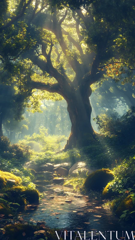 Enchanted Forest Stream Beneath Ancient Tree