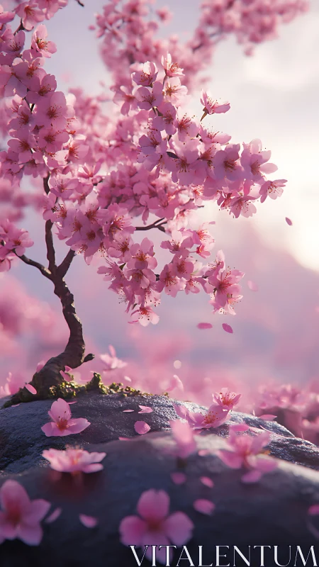 Pink cherry blossoms on a rocky surface in soft light.