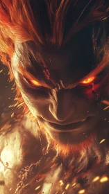 Fiery-eyed humanoid figure in close-up digital portrait.
