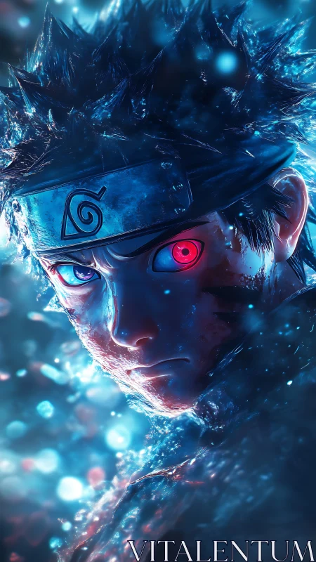 Shinobi portrait ignited by blue chakra and crimson gaze.