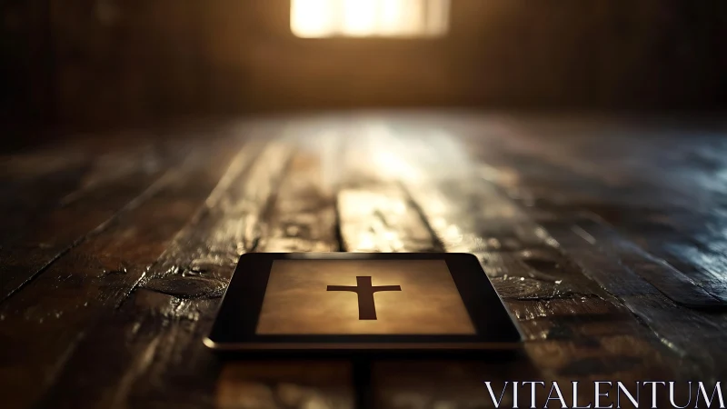 Tablet altar glows with digital cross in warm chapel light.