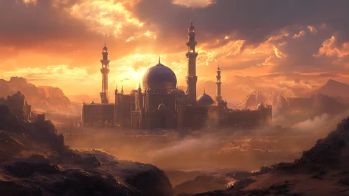 Sunlit desert citadel beneath blazing golden skies.