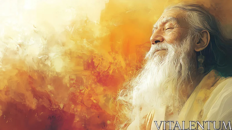 Elderly sage smiles in warm golden abstract light field