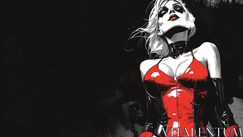 Defiant femme fatale rises from shadow in bold red latex