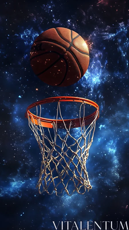 Basketball rising toward hoop against vivid galaxy backdrop.