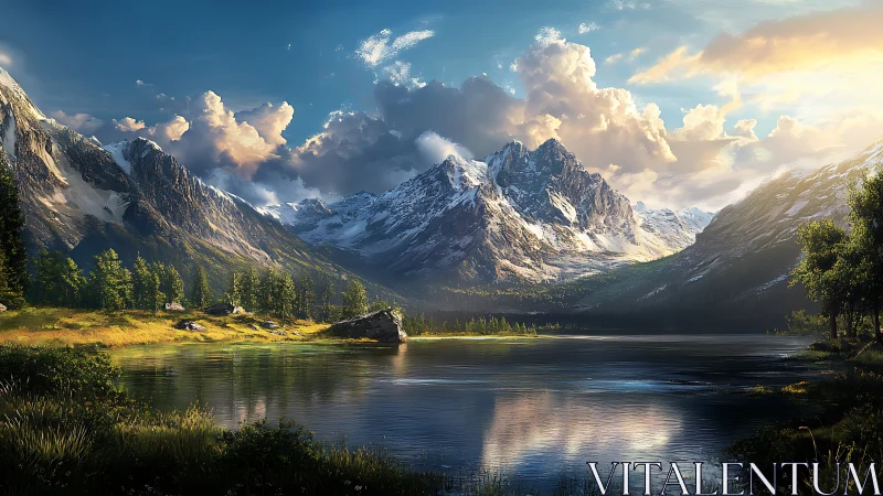Sunlit alpine lake below rugged snow-capped mountain peaks.