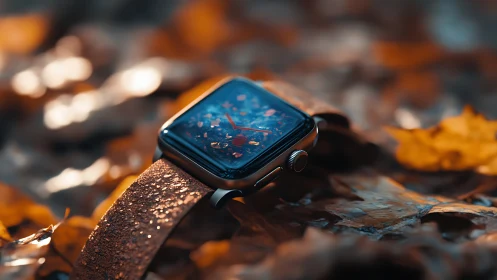 Smartwatch with leather band resting on autumn leaves.