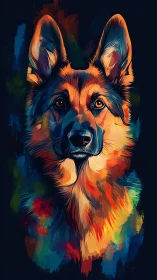 High-contrast German shepherd portrait rendered in saturated strokes