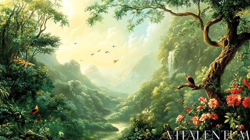 Luminous tropical valley panorama with birds and waterfall