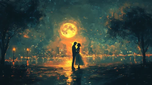 Two Souls Embrace Under a Golden Moon Over the City