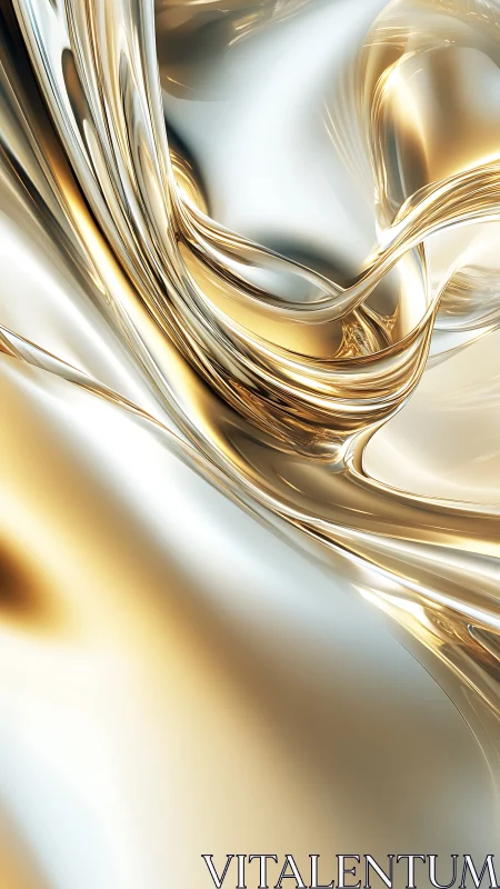 Liquid chrome ribbons curve through luminous gold field