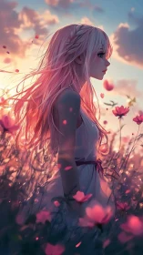 Side profile of pink haired girl in evening flower field.