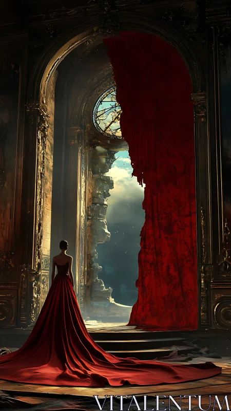 Solitary figure in red gown approaches ruined baroque portal