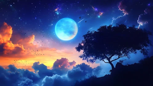 Moonlit dreamtree between burning dusk and deep cosmos.