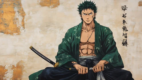 Stoic green-haired samurai waits in calm, battle-worn silence