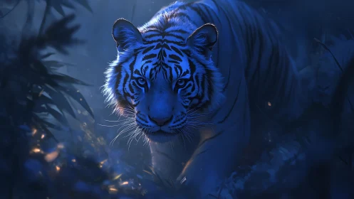 Moonlit sapphire tiger stalking through enchanted shadows.