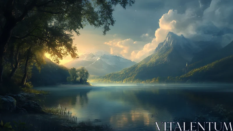 Dawnlight drapes a tranquil fantasy lake in alpine majesty.