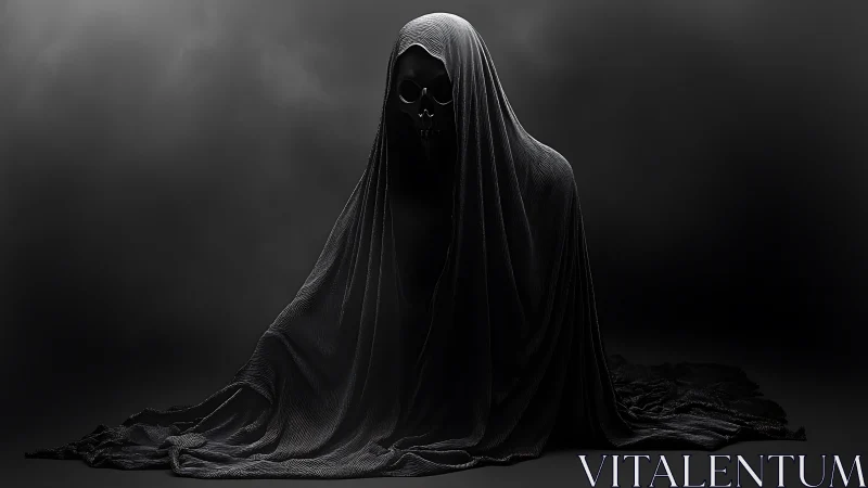 Shrouded skeletal figure in dark minimal studio setting.