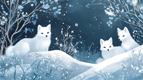 Three arctic foxes rest in a tranquil moonlit winter glade