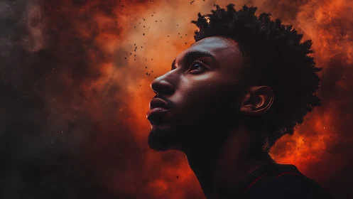 Profile in ember clouds with dramatic upward gaze portrait.