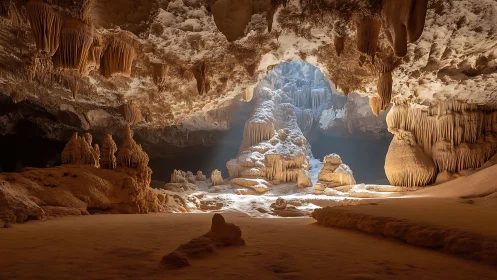 Sunlit limestone cavern reveals sculpted stalactite formations