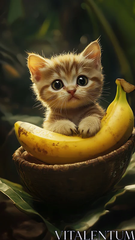 Kitten Resting in Banana Boat with Tropical Backdrop