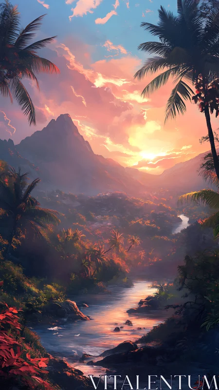 Sunlit tropical river valley under glowing mountain dusk.