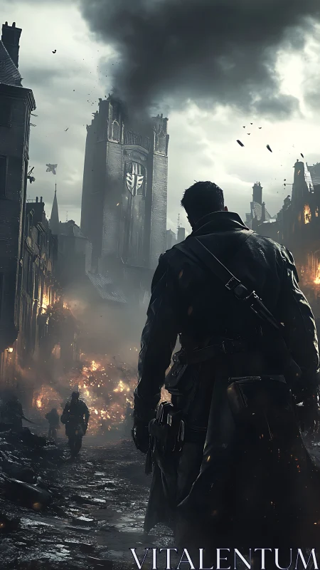 Lone wanderer walks through a war torn city in flames.