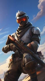 Armored sniper with orange visor in bright sky scene.