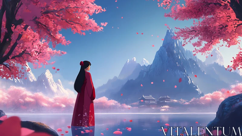 Crimson wanderer listens softly as cherry mountains breathe