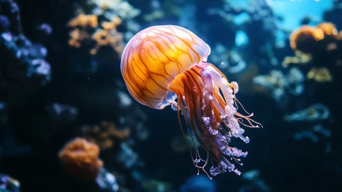 Luminous jellyfish drifts through deep blue coral reef seascape.