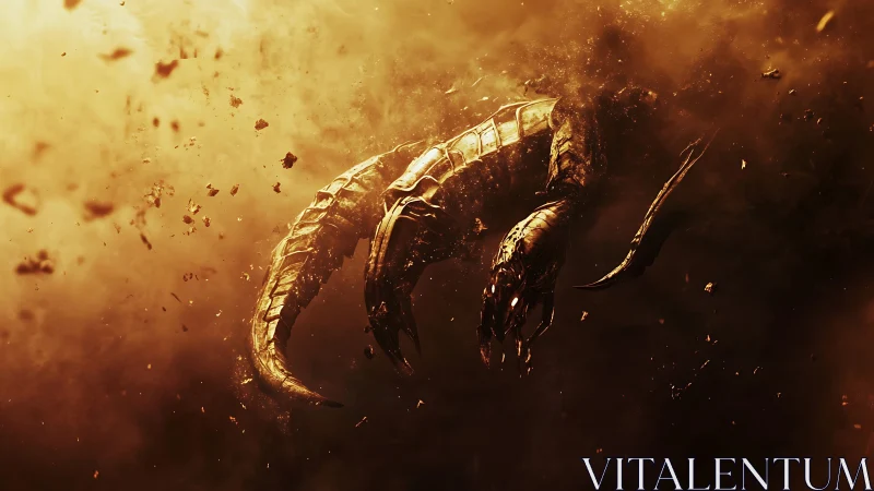 Draconic biomechanoid emerges through incandescent dust field