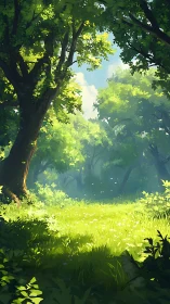 Sunlit Forest Glade with Ancient Oak Tree