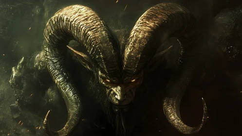 Horned demonic creature with glowing eyes in dark haze.