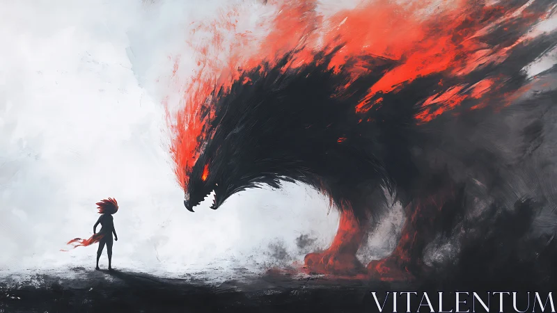 Fiery young hero calmly faces a towering shadow beast