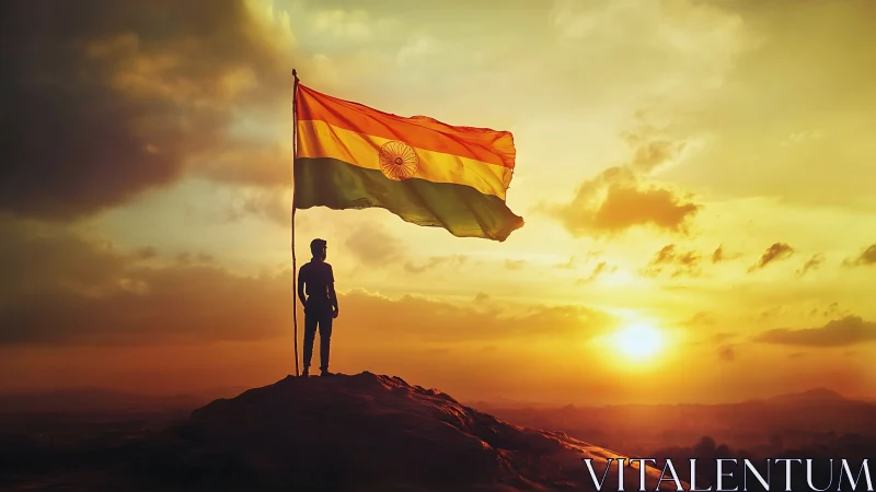 Silhouetted figure with Indian flag at dramatic sunset peak.