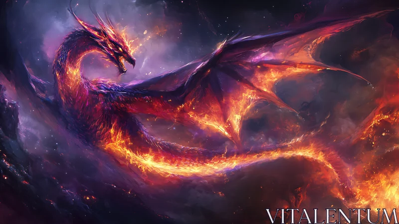 Fiery dragon stretches wings and body through swirling flames