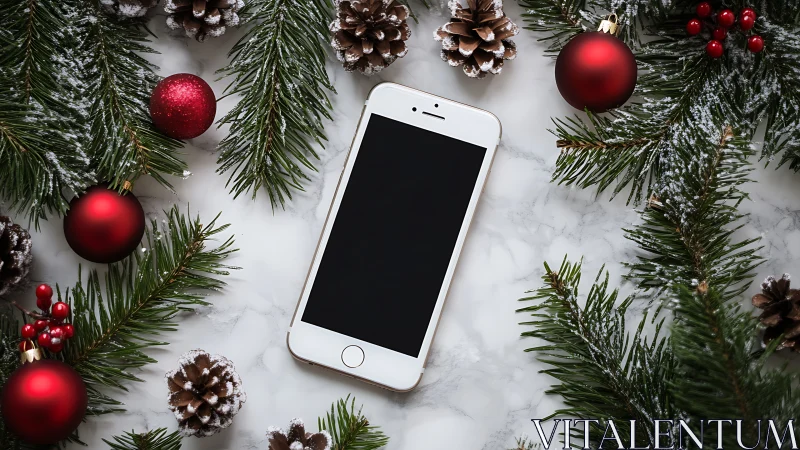 Cozy Christmas tech moment with festive phone and fir branches.