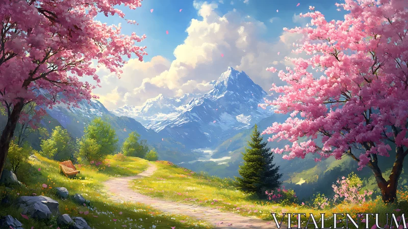 Soft mountain pathway welcomes spring beneath pink blossom skies