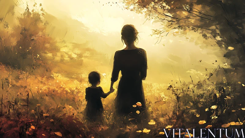 Silhouetted adult and child in backlit autumn meadow scene.