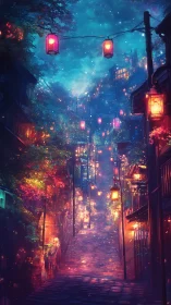 Lanternlit dream street ascending into a midnight sky.