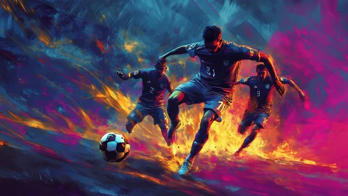 Fiery strikers carve neon trails through blazing football dusk.