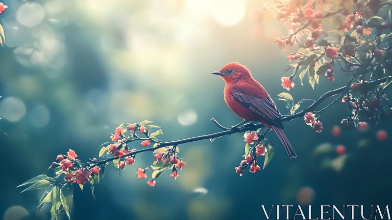 Vibrant red bird on blossoming branch in dreamy soft focus scene.